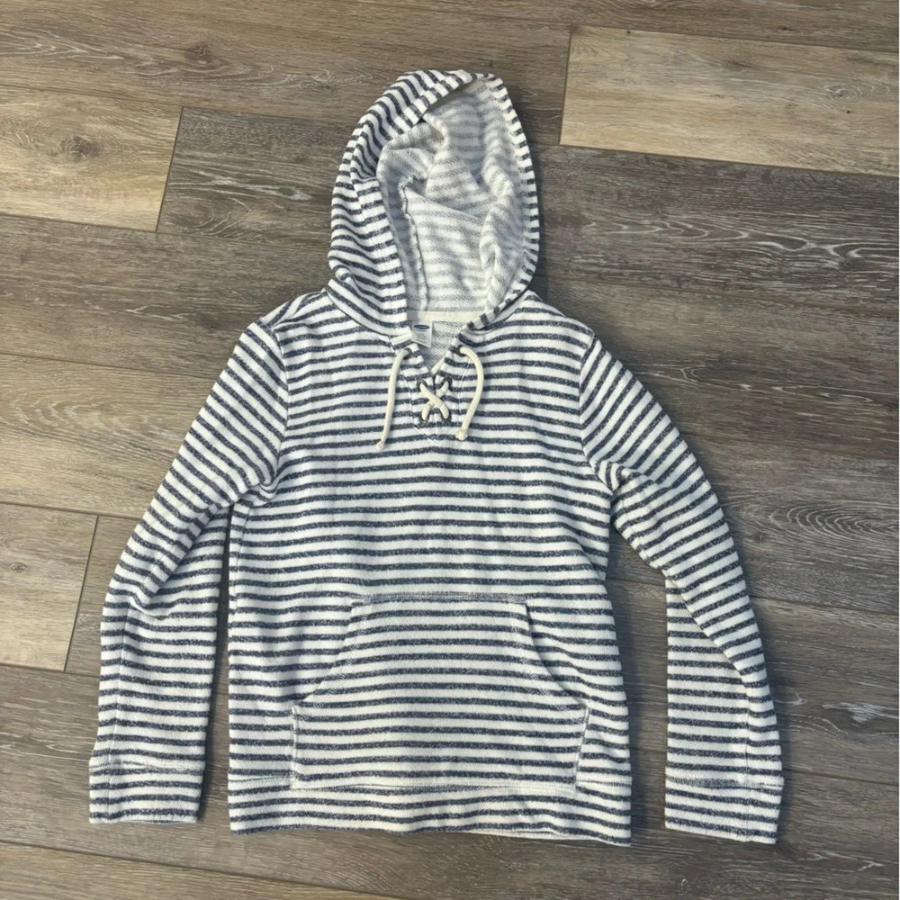 Old Navy Hoodie Kids 10/12 Blue White Striped Lightweight Pullover Coastal Beach